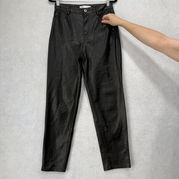 Zara Pants Womens Medium Black High Rise Faux Leather Slim Fit 5 Pocket Stretch - Picture 8 of 16